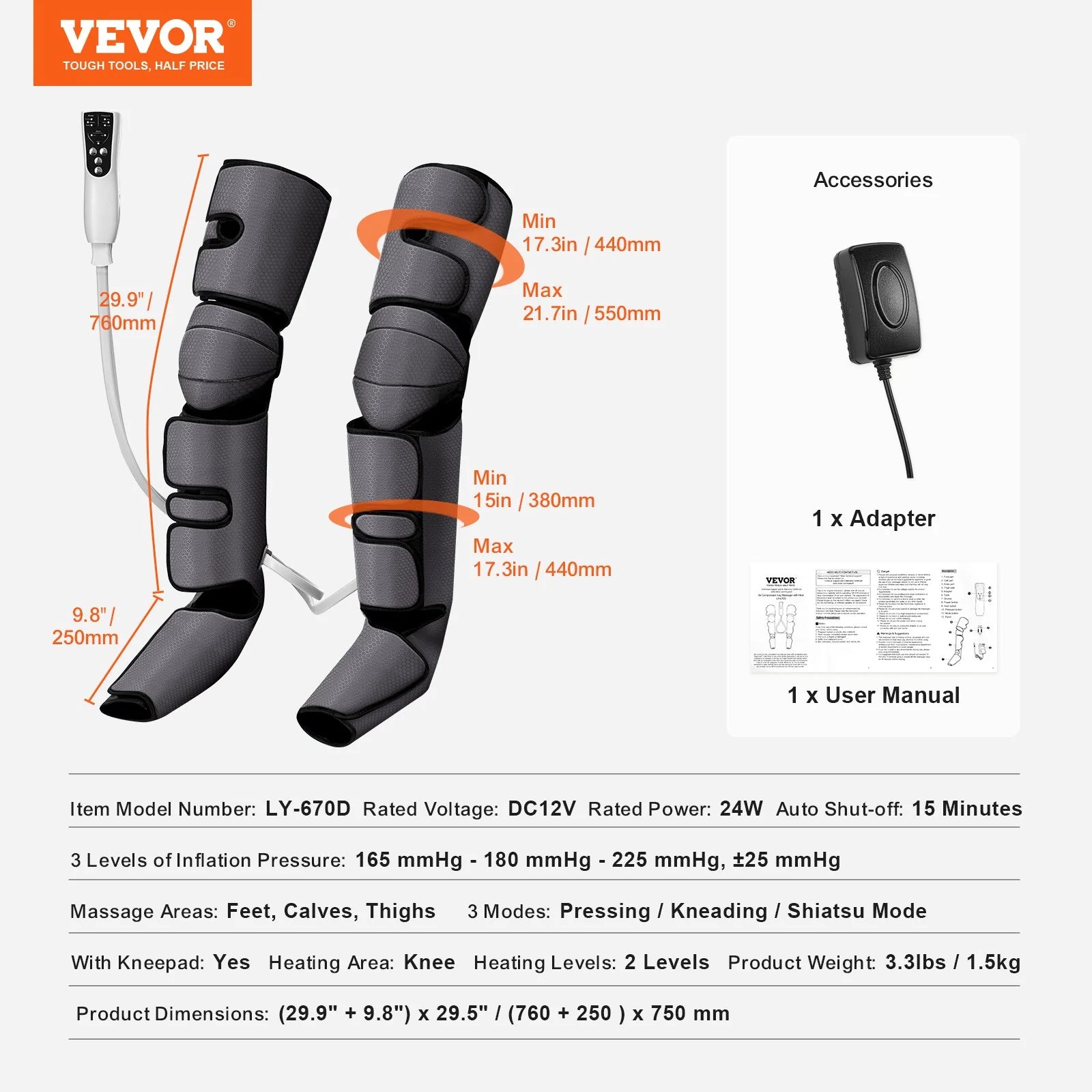 VEVOR Full Leg Massager, Air Compression Leg Massager for Foot Calf Thigh Knee, 2 Knee Heating Levels, 3 Modes & 3 Intensities, Leg Compression Massage Boots for Circulation, Swelling and Pain Relief